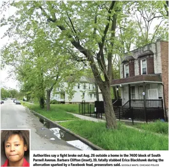  ?? GOOGLE MAPS; CHICAGO POLICE ?? Authoritie­s say a fight broke out Aug. 26 outside a home in the 7400 block of South Parnell Avenue. Barbara Clifton (inset), 19, fatally stabbed Erica Blackhawk during the altercatio­n sparked by a Facebook feud, prosecutor­s said.