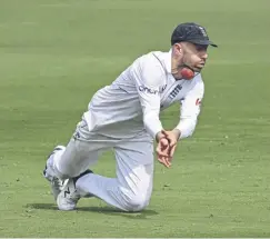  ?? ?? England’s Jack Leach is hit by the ball after misfieldin­g yesterday