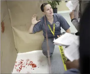  ??  ?? Photo right: Stephanie Regan, criminalis­t with Kauai Police Department, explains how blood splatter crime scenes are handled by police at Maui Police Department’s Forensic Facility in Wailuku.