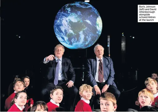  ??  ?? Boris Johnson (left) and David Attenborou­gh alongside schoolchil­dren at the launch