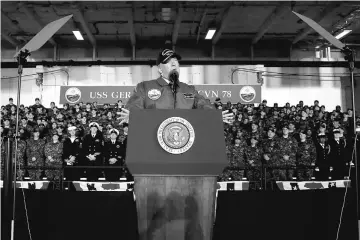  ??  ?? Trump speaks while touring the pre-commission­ed US Navy aircraft carrier Gerald R Ford at Huntington Ingalls Newport News Shipbuildi­ng facilities in Newport News, Virginia. — Reuters photo