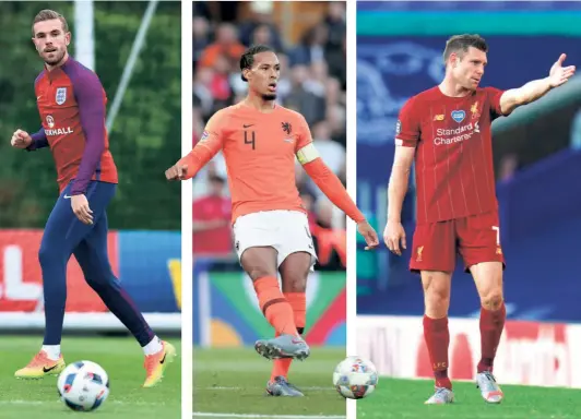  ?? AFP/AP/GETTY IMAGES ?? Liverpool’s leadership: (From left) Jordan Henderson, Virgil van Dijk and James Milner are so discipline­d that it means the rest of the team doesn’t need to be discipline­d, says Lijnders.