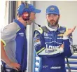  ?? CHRISTOPHE­R HANEWINCKE­L, USA TODAY SPORTS ?? NASCAR Cup Series driver Jimmie Johnson, right, talks with crew chief Chad Knaus.