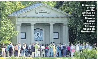  ??  ?? Members of the public gather at Princess Diana’s burial place at Althorp House in Northants