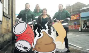  ??  ?? Enforcemen­t officers are targeting fly-tipping, littering and dog fouling across Rossendale. Officers are pictured with Coun Jackie Oakes