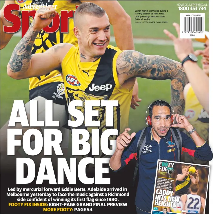  ?? Pictures: GETTY IMAGES, DYLAN COKER ?? Dustin Martin warms up during a training session at Punt Road Oval yesterday. BELOW: Eddie Betts all smiles.