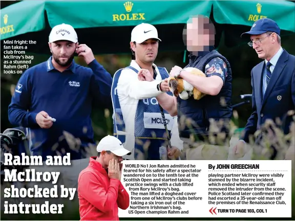  ??  ?? Mini fright: the fan takes a club from McIlroy’s bag as a stunned Rahm (left) looks on