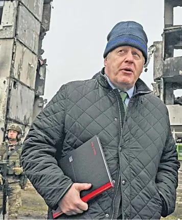  ?? ?? Boris Johnson visits the town of Borodianka where he called for European nations to give ‘all the tools’ that Ukraine needs to win