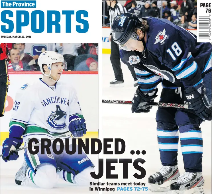  ?? — GETTY IMAGES FILE PHOTOS ?? Two dejected players from two struggling teams: Vancouver Canucks’ Jannik Hansen and Winnipeg Jets’ Bryan Little.