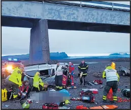  ??  ?? CRASH SCENE: Silver 4x4 lies crumpled beneath the bridge