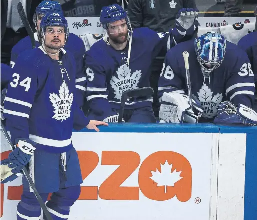  ?? STEVE RUSSELL TORONTO STAR ?? Time ran out on Auston Matthews, T.J. Brodie, Jack Campbell and the Maple Leafs’ Stanley Cup hopes before a full house at Scotiabank Arena on Saturday night.