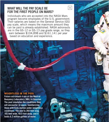  ??  ?? WEIGHTLESS IN THE POOL
Future astronauts train at the Neutral Buoyancy Laboratory (NBL) in Houston. The pool simulates the conditions they will encounter in space, familiariz­ing them with body motion under weightless conditions. The pool is 202 feet long, 102 feet wide, 40.5 feet deep, and it holds 6.2 million gallons of water.