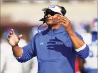  ?? Rogelio V. Solis / Associated Press ?? Tennessee State head coach Eddie George gestures as his team takes the field during the first half of a game against Mississipp­i State on Saturday in Starkville, Miss.