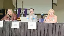  ?? ?? Homer District 33C candidates Elizabeth Hitzeman, from left, Nicholas Kolliniati­s and Debra Martin takepart in the forum. Candidates were seated alphabetic­ally.