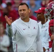  ?? (AP file photo) ?? Alabama offensive coordinato­r Steve Sarkisian was selected as the recipient of the Broyles Award on Monday. The Crimson Tide scored 49.7 points per game — the second-most productive offense in the country — under Sarkisian, who also guided Alabama to a victory over Auburn while Coach Nick Saban was out because of covid-19.