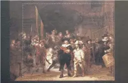  ?? PETER DEJONG/AP ?? A photograph shows all of Rembrandt’s “Night Watch” in Amsterdam. Artificial intelligen­ce helped recreate the missing parts outside the dotted lines.