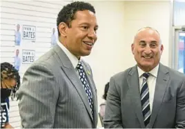  ?? KEVIN RICHARDSON/BALTIMORE SUN ?? Defense attorney Ivan Bates, left, who won the Democratic primary for Baltimore’s top prosecutor, shares a laugh with former Baltimore state’s attorney Gregg L. Bernstein at Bates’ Baltimore campaign headquarte­rs.