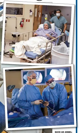  ??  ?? SUCH AN ANGEL: Terri chats to Jeff Granger. Inset, top: she donates her kidney, which was transplant­ed by Dr Andreoni (above, right)