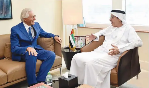  ?? WAM ?? ↑ Zaki Nusseibeh, Minister of State, with Patrizio Fondi, head of the EU delegation to the UAE, at the headquarte­rs of the Ministry of Foreign Affairs, on Tuesday.