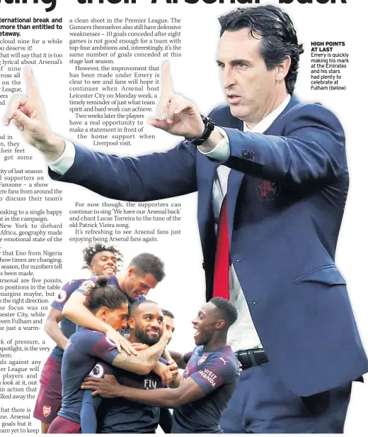  ??  ?? Emery is quickly making his mark at the Emirates and his stars had plenty to celebrate at Fulham (below)