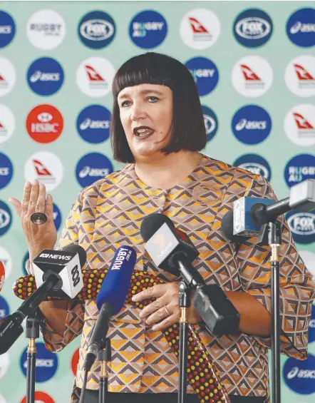  ??  ?? New Rugby Australia boss Raelene Castle speaks at the ARU headquarte­rs in Sydney on her first day in office. Photo: AAP IMAGE