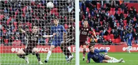  ?? NICK POTTS / GETTY ?? DRAMA: Wes Morgan, partially obscured by the net, watches the ball enter the City net, but it was ruled out with Ben Chilwell offside in the build-up