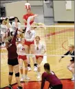  ?? MARK HUMPHREY ENTERPRISE-LEADER ?? Farmington junior Addison Fenton smashes a kill against Gentry. The Lady Cardinals celebrated senior night and an undefeated season at home by sweeping Gentry, 25-7, 25-14, 25-14, on Tuesday, Oct. 15. Farmington closed out the regular season with a sweep of Harrison on the road Thursday to run the table in 4A-1 league play this season. The Lady Cardinals finished 19-3-1 overall and 12-0 in conference.