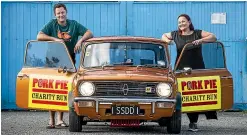  ?? BRADEN FASTIER/STUFF ?? Shaw Elmsly and Amy Langfield are getting ready to hit the road in their 1978 Mini Clubman ‘‘Pigmy’’ in the Pork Pie Charity Run. The couple bought it from a woman in Hastings, whose late husband had a dream of taking it on the charity run.