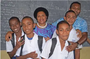  ?? Photo: Ronald Kumar ?? From left: Four of the five “street kids”, Navitalai Turaganike­li in year 6, Semi Ledua in year 6, Jolame Nawaqatabu in year 8, Ilaija Gaunavou in year 7 with their class teachers, Makareta Takalaivun­a and Lario Nainima at Davuilevu Methodist School on February 14, 2020.