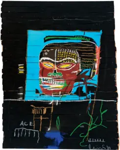  ??  ?? Ci-dessus, présence menaçante d’un visage réduit à une peau, tendu sur du vide (« Sans titre », huile et crayon gras sur bois, 1985). Ci-dessous, « Portraits giclés » de Basquiat et Warhol (1982). Affinités électives ou intérêts mutuels bien compris ?