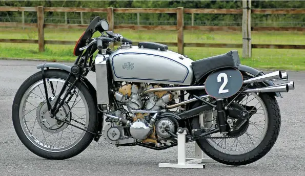  ??  ?? Above: The sheer weight and width of the supercharg­ed AJS made it a serious handful for riders, especially in the Isle of Man TT course’s tighter confines