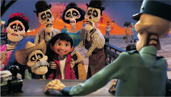  ?? PHOTOS: DISNEY-PIXAR ?? In Coco, Miguel, centre, finds himself transporte­d to the Land of the Dead, where he meets some late family members who are set on helping him find his way home.