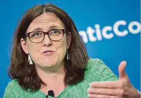  ?? BLOOMBERG PIC ?? European Trade Commission­er Cecilia Malmstroem says in some places trade has been blamed ‘for the pains of globalisat­ion’.