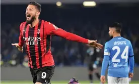  ?? Carmelo Imbesi/LiveMedia/Shuttersto­ck ?? Olivier Giroud celebrates his goal early in the second half against Napoli. Photograph: