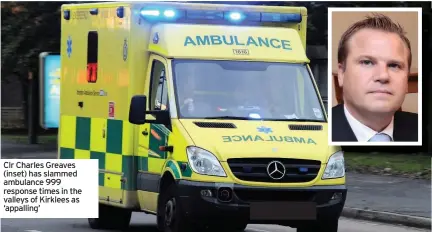  ??  ?? Clr Charles Greaves (inset) has slammed ambulance 999 response times in the valleys of Kirklees as ‘appalling’