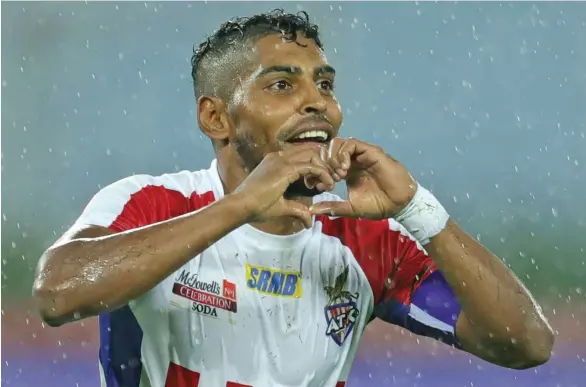  ?? Photo: ATK FC ?? Vodafone Fijian football captain Roy Krishna celebrates after scoring a goal for ATK in last season’s Indian Super League competitio­n.