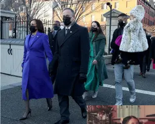  ??  ?? Above: The new Vice President walks with husband Doug Emhoff and family members on Inaugurati­on Day 2021. Right: Kamala and Maya have maintained a close bond throughout their lives.