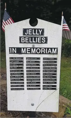  ?? Photo by Xyta Lucas ?? The memorial plaque, listing the names of all the Jelly Bellies golfers who have died, sustained mower damage shortly after being erected near the garden, so it was repaired and moved to its present location inside the garden perimeter for protection.