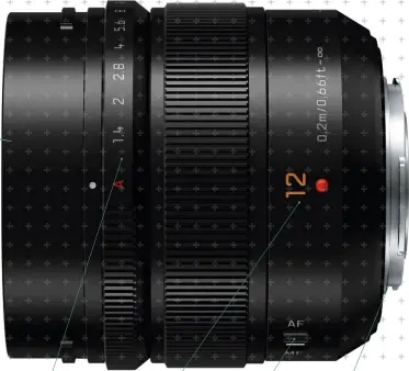  ??  ?? Manual aperture collar has one-third stop increments. The Lumix 12mm’s styling mimics that of Leica’s own primes, including the focal length designatio­n picked out in orange. A switch on the lens barrel selects focus modes. Manual focus collar is...