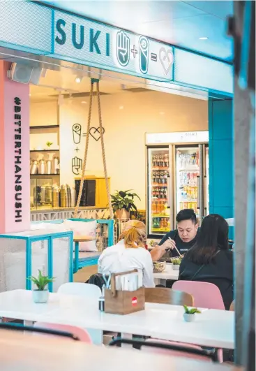  ??  ?? TASTY BITES: Suki sushi burrito and poke bowl bar will open in Smithfield Shopping Centre in September. The chain is popular, with its flagship store in Brisbane at Grey St, Southbank (above).