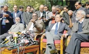  ?? — Reuters ?? (From left) Justices Kurian Joseph, Chelameswa­r, Ranjan Gogoi and Madan Lokur address the media at a news conference in New Delhi on Friday.