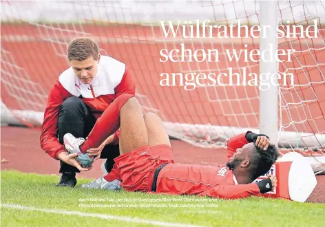  ?? RP-FOTO: DIETRICH JANICKI ?? Auch Wilfried Taki, der sich im Duell gegen Blau-Weiß Oberhausen vom Physiother­apeuten behandeln lassen musste, blieb zuletzt ohne Treffer.