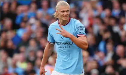  ?? Photograph: Matt McNulty/Manchester City FC/Getty Images ?? Erling Haaland after completing his hat-trick against Manchester United at the Etihad Stadium.