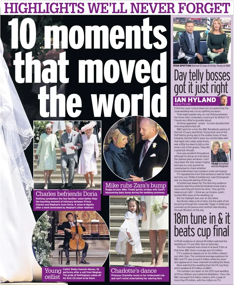  ??  ?? Cellist Sheku Kanneh-mason, 19, performs after a call from Meghan. The pride of Nottingham called off his first US show to be there Rugby bruiser Mike Tindall gently strokes wife Zara’s blossoming baby bump during the wedding ceremony Princess...