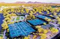  ?? MARRIOTT INTERNATIO­NAL ?? The JW Marriott Desert Ridge Resort & Spa in Phoenix has lighted pickleball courts, including a 400-seat stadium court.