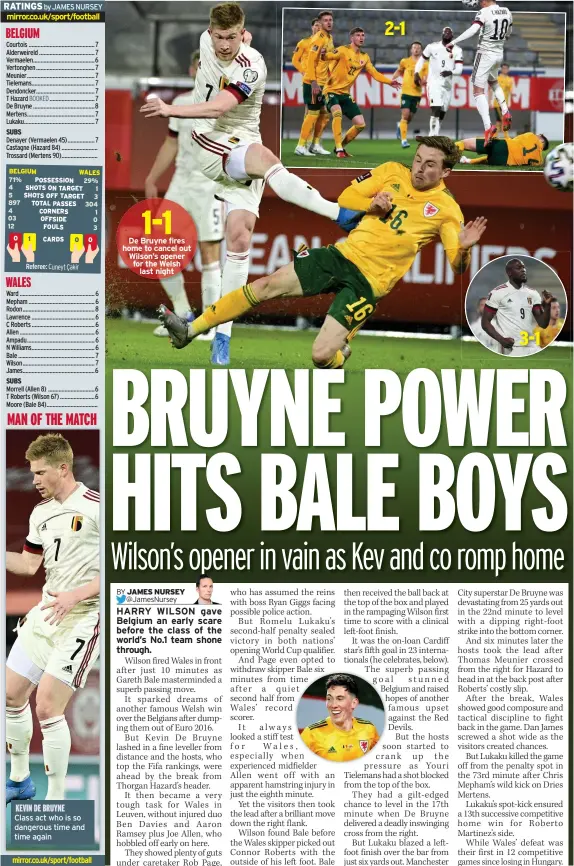  ??  ?? De Bruyne fires home to cancel out Wilson’s opener for the Welsh last night