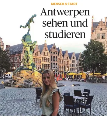  ?? FOTO: LH ?? Luisa Homberg aus Hiesfeld vor dem Brabobrunn­en auf dem Rathauspla­tz in Antwerpen, einem der Wahrzeiche­n der Stadt.