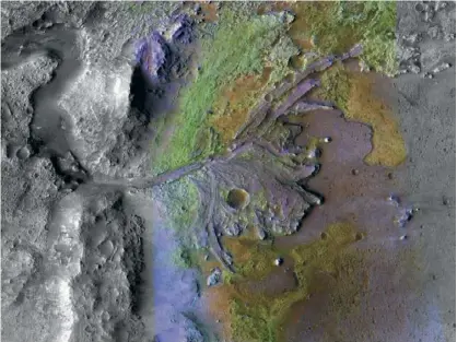 ??  ?? Le cratère Jezero, objectif de la mission Mars 2020 de la Nasa. Elle devrait y envoyer son rover le 30 juillet.