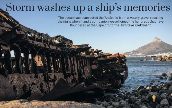  ?? Photos: Leila Dougan/Daily Maverick/Gallo Images ?? Huge waves washed the 44-year-old wreck of the Antipolis on to rocks at Oudekraal, in Cape Town, this week. The Greek tanker, built in 1959, ran aground on the same shoreline in 1977.