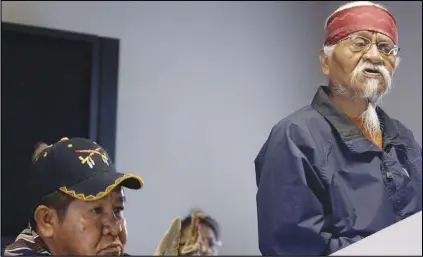  ?? ASSOCIATED PRESS FILES ?? Arizona Havasupai Indian tribe member, elder, and spiritual leader Rex Tilousi (right) speaks during a 2020 news conference in Phoenix as tribe member Dennie Wescogame listens. Tilousi, 73, died last week of natural causes.